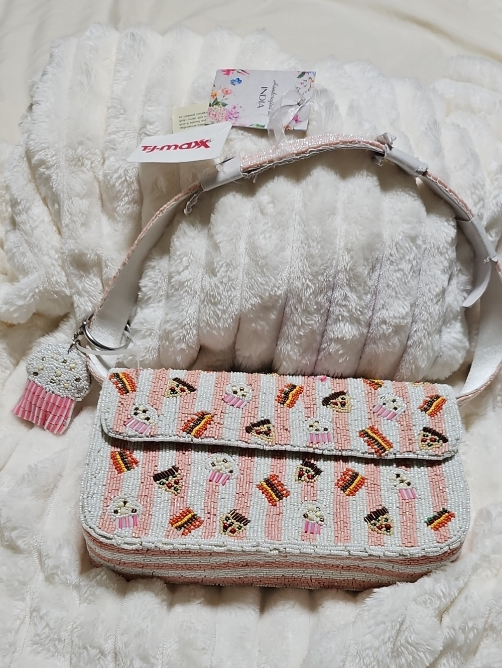 The Viral Beaded Pink Cupcakes & Snack Pattern Shoulder Bag